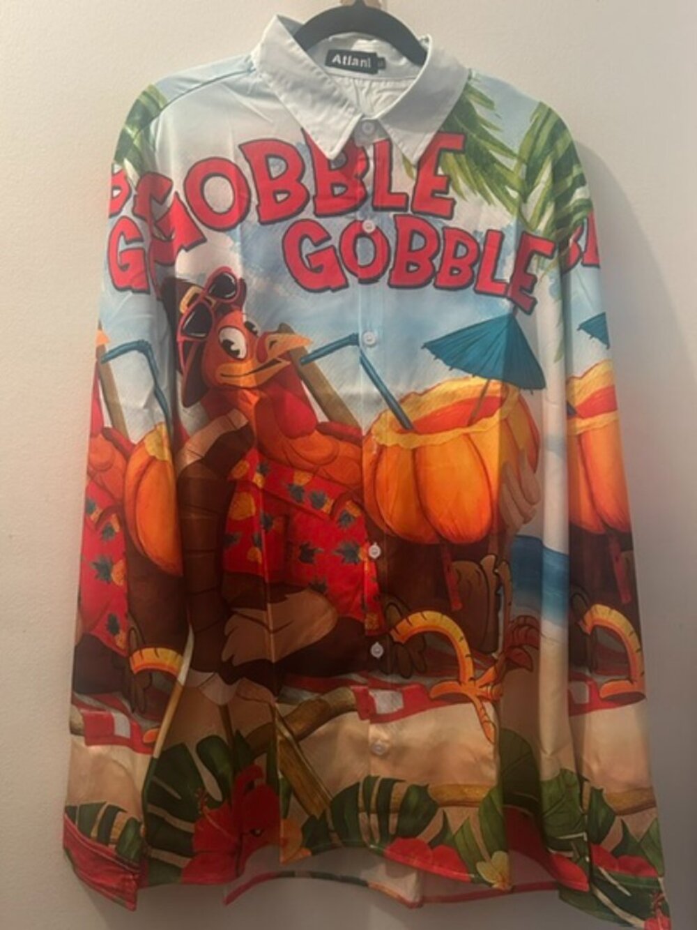 Atlanl  Gobble Gobble Day Hawaiian Style Funny Turkey Print Button Up Shirt  NEW